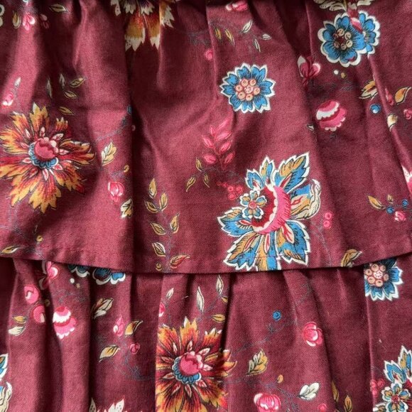 Vintage 1980s Kenzo floral tiered skirt Rich burgundy cotton with classic 80s - Picture 2 of 6